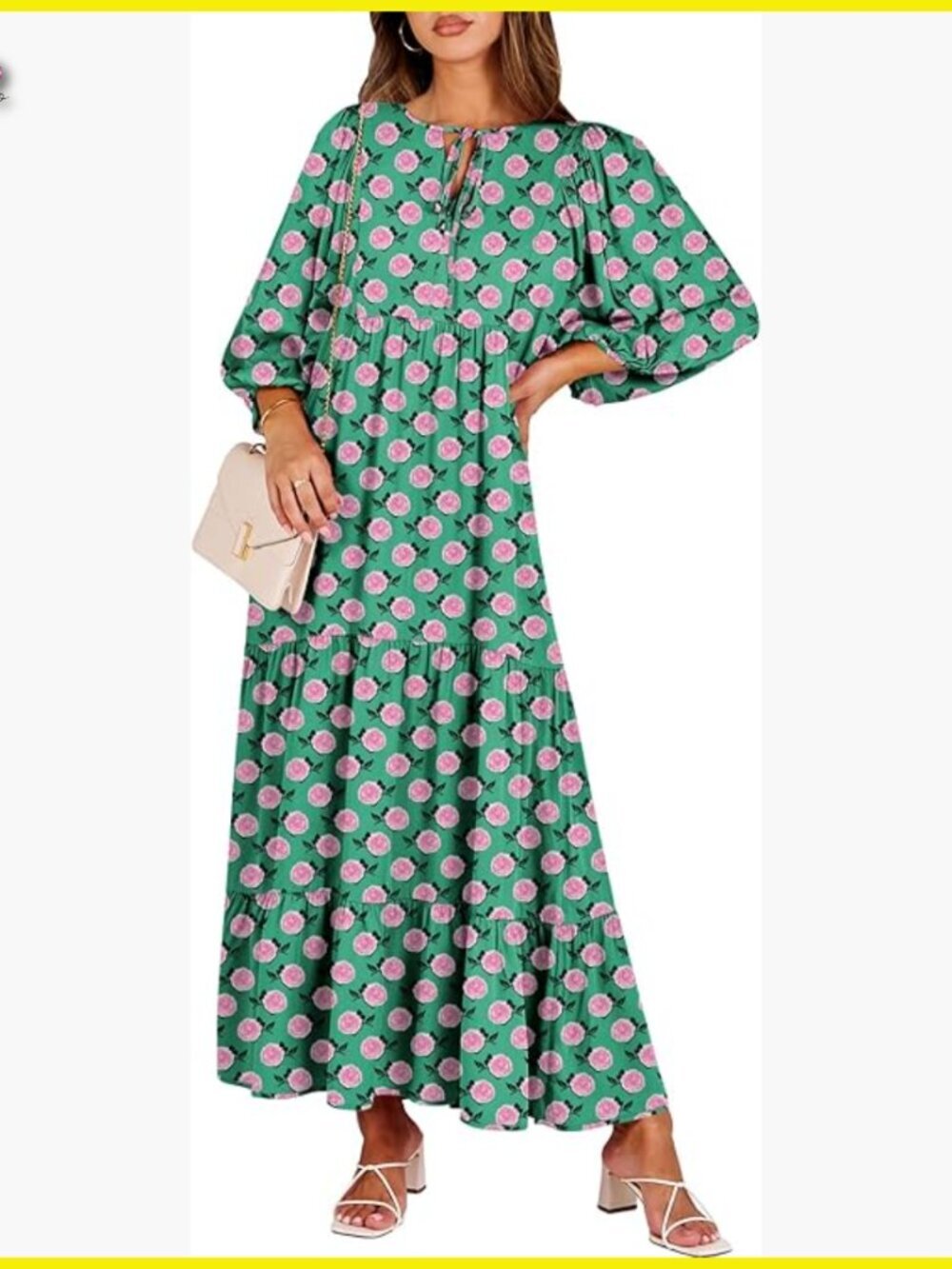 Boho Maxi Dress V Neck Puff Sleeve Flowy Swing Casual Elegant Long Dress